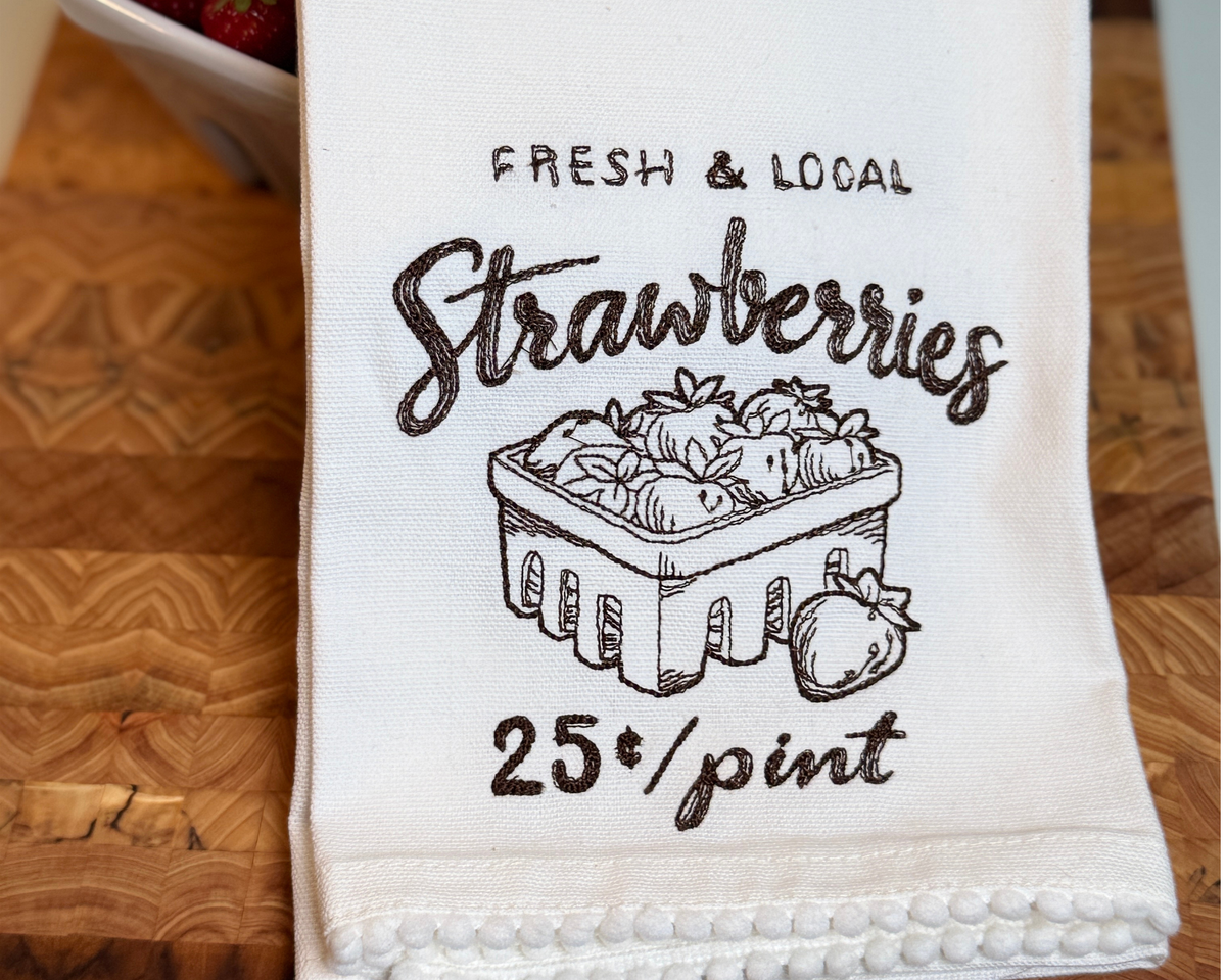 Farm Fresh Strawberries Embroidered Tea Towel – Cottage Kitchen Strawberry Decor
