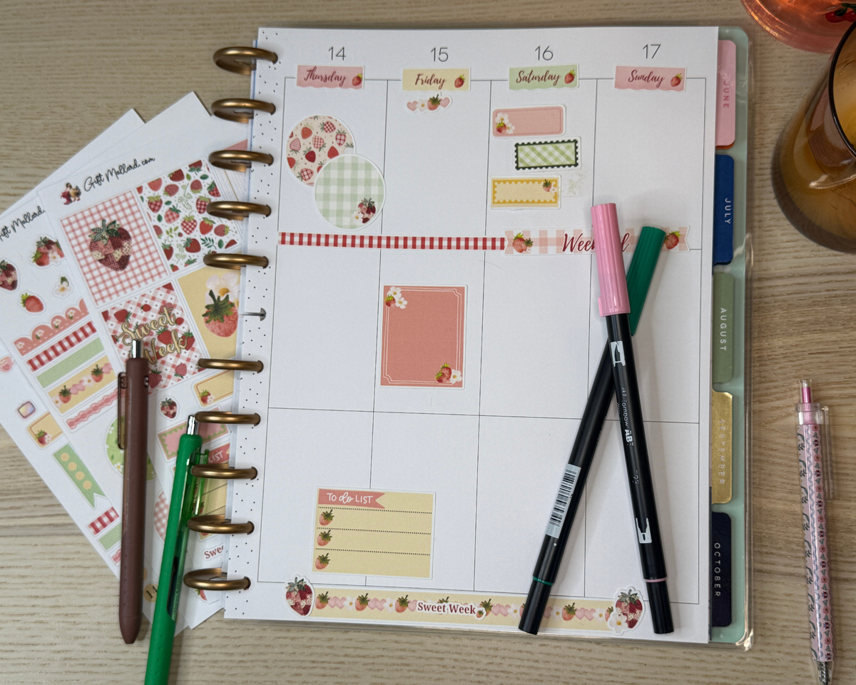 Strawberry Picnic Planner Sticker Sheets | Cozy Summer Vertical Planner Stickers
