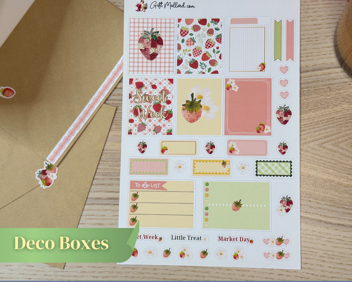 Strawberry Picnic Planner Sticker Sheets | Cozy Summer Vertical Planner Stickers