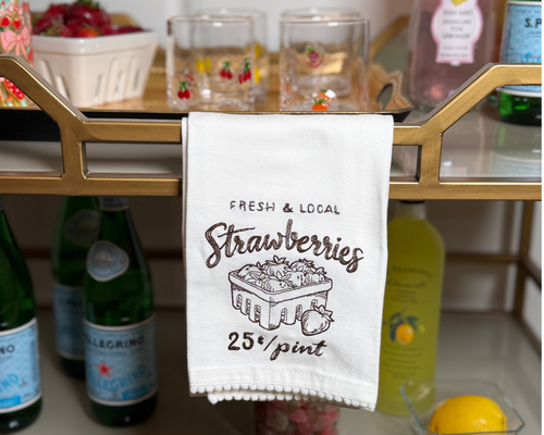 Farm Fresh Strawberries Embroidered Tea Towel – Cottage Kitchen Strawberry Decor