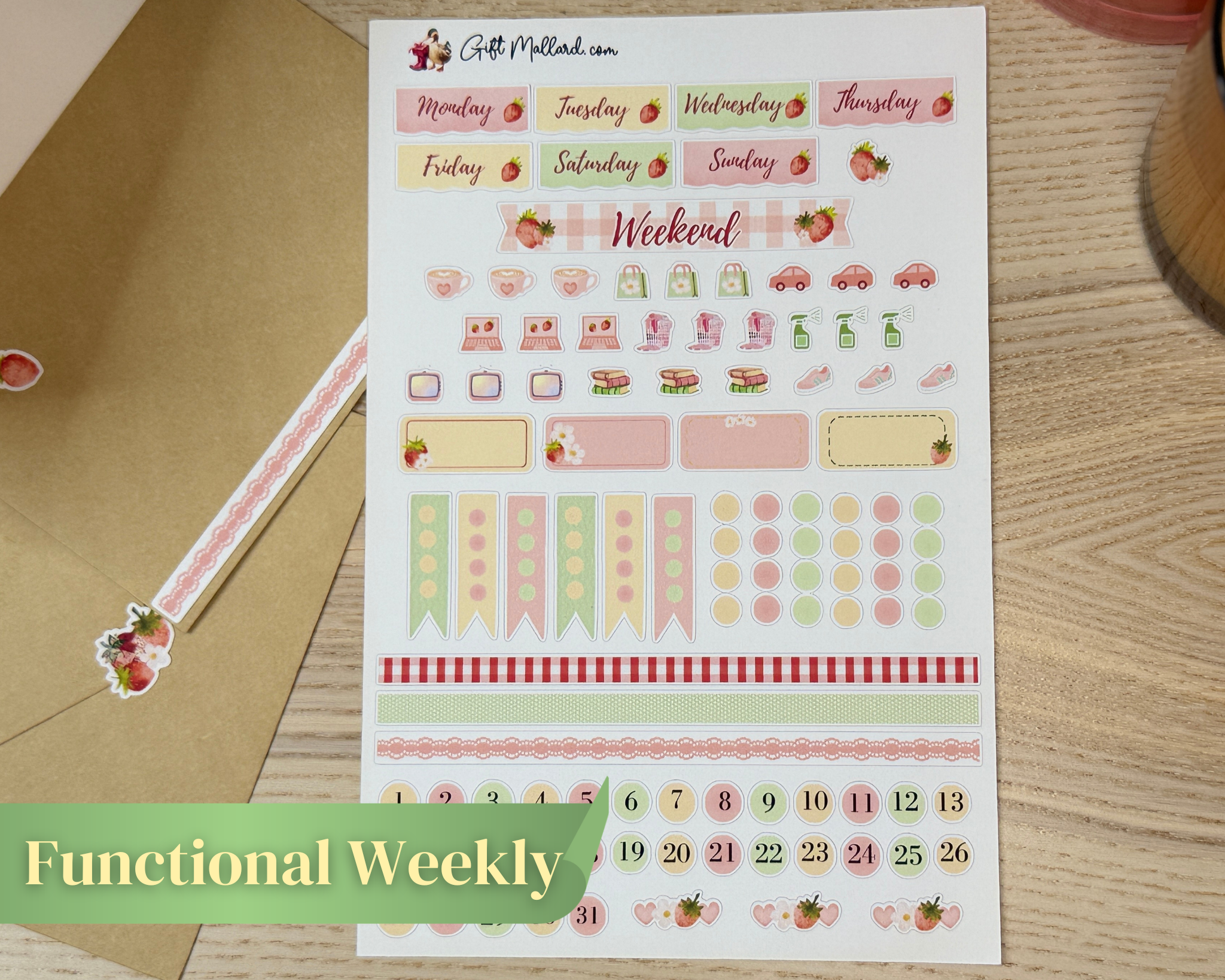 Strawberry Picnic Planner Sticker Sheets | Cozy Summer Vertical Planner Stickers