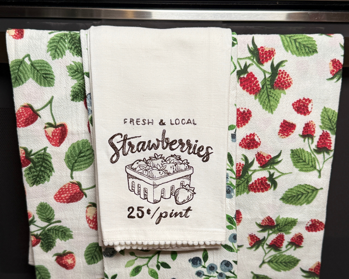 Farm Fresh Strawberries Embroidered Tea Towel – Cottage Kitchen Strawberry Decor