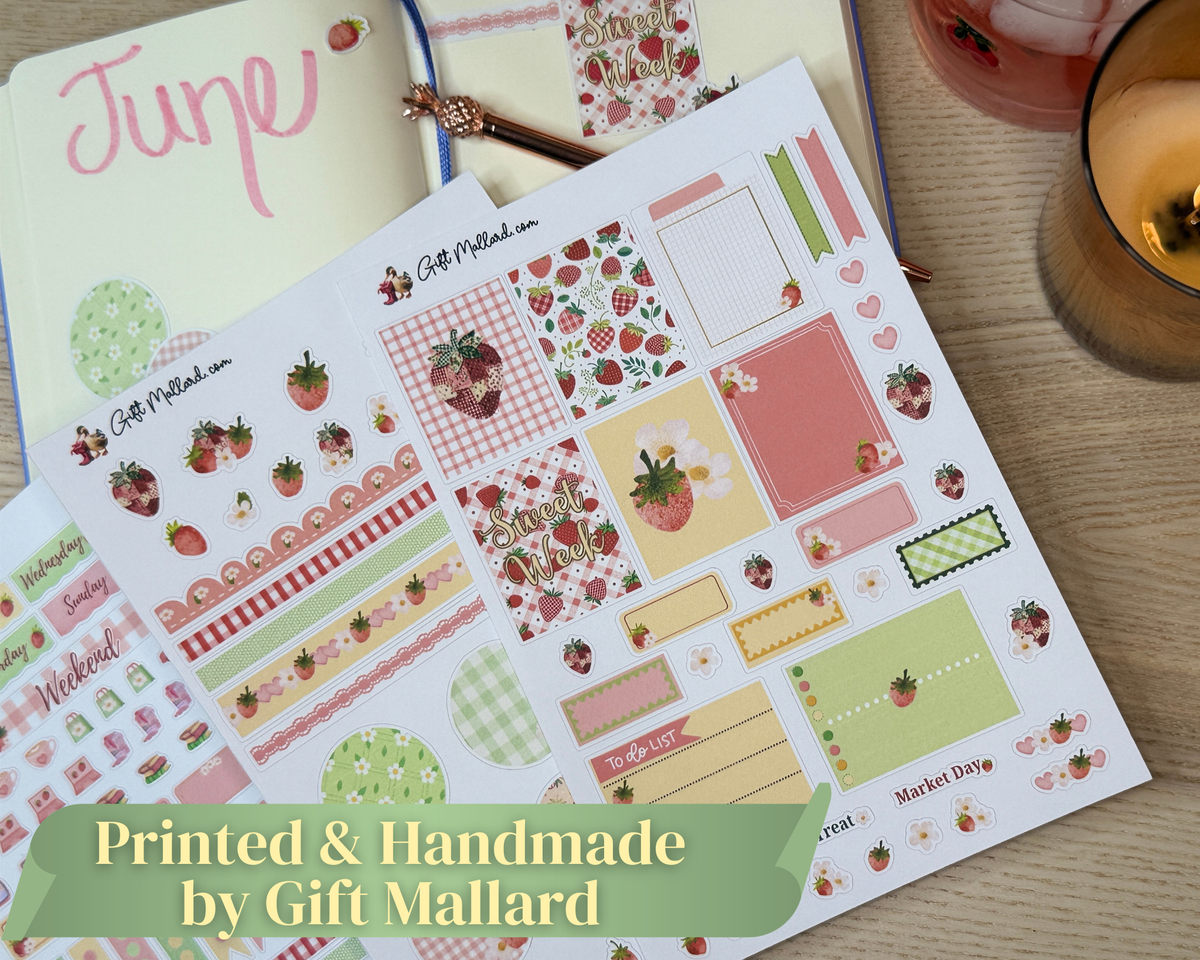 Strawberry Picnic Planner Sticker Sheets | Cozy Summer Vertical Planner Stickers