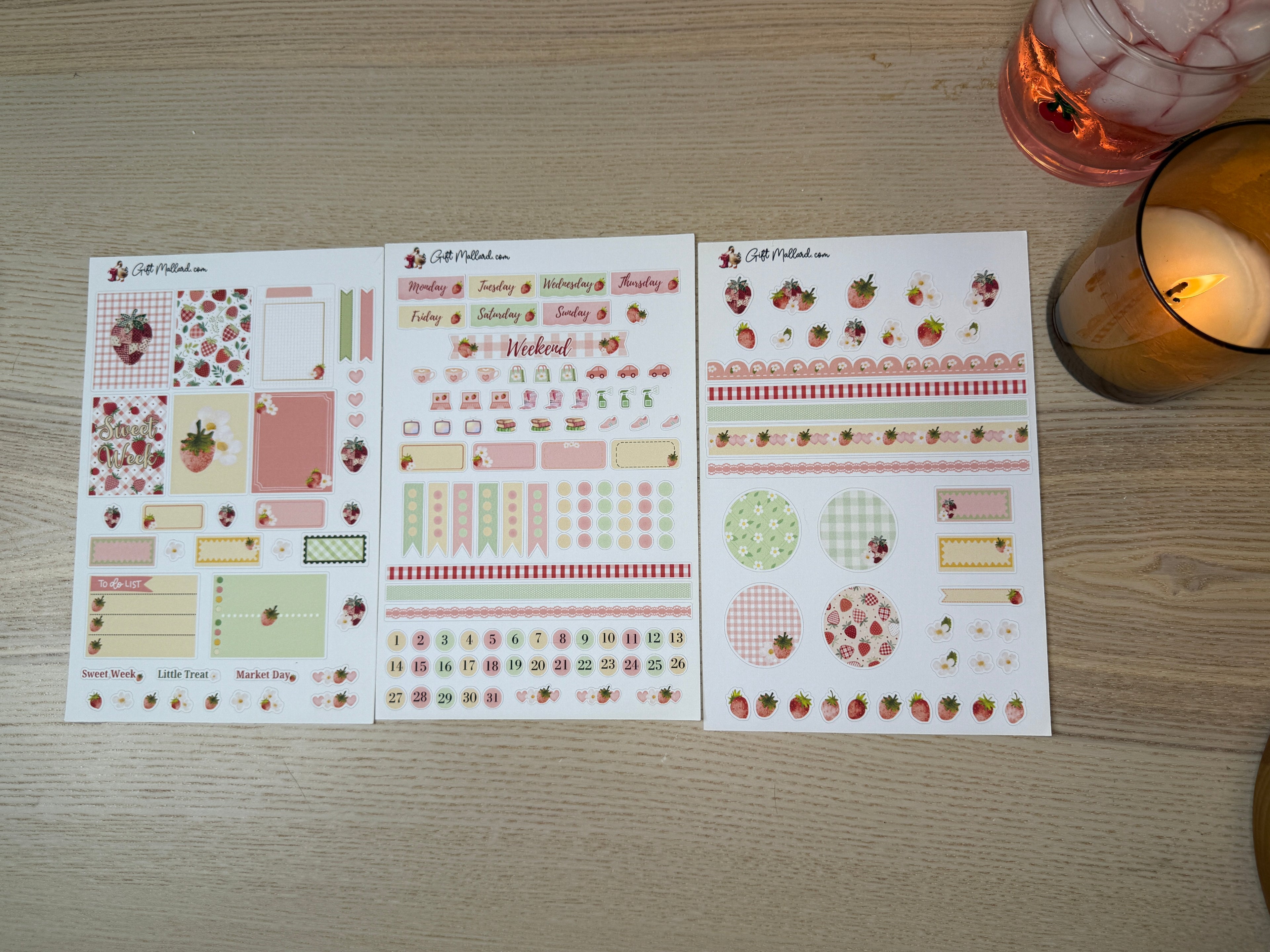 Strawberry Picnic Planner Sticker Sheets | Cozy Summer Vertical Planner Stickers