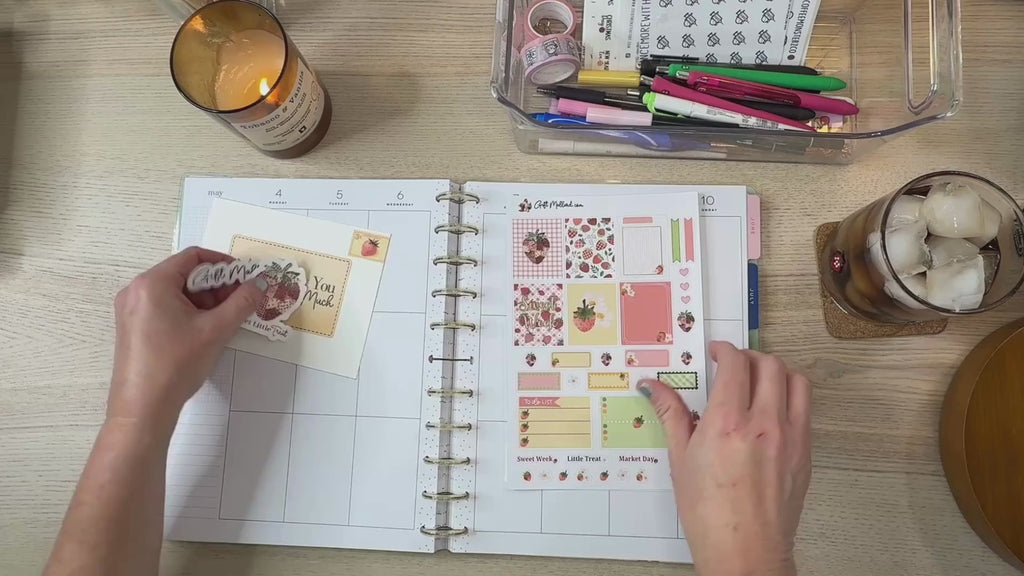 Strawberry Picnic Planner Sticker Sheets | Cozy Summer Vertical Planner Stickers