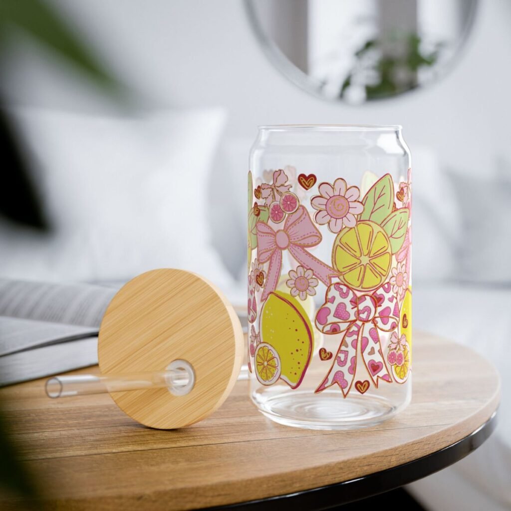 Lemon Bow Can Glass – Citrus & Floral Iced Coffee Cup with Bamboo Lid + Glass Straw