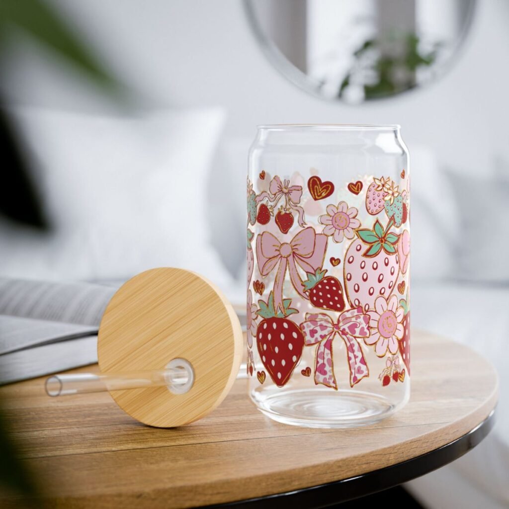 Strawberry Bow Can Glass – Fruit & Floral Iced Coffee Cup with Bamboo Lid + Glass Straw