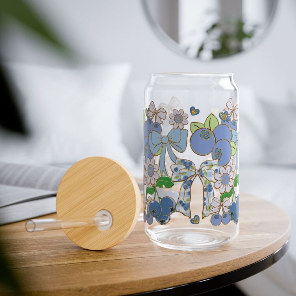 Blueberry Bow Can Glass – Floral & Fruit Iced Coffee Cup with Bamboo Lid + Glass Straw