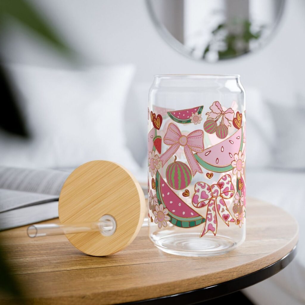 Watermelon Bow Can Glass – Fruit & Floral Iced Coffee Cup with Bamboo Lid + Glass Straw